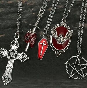 NEW Silver Gothic Cross & Vampire Pendant Necklace Set - Red Accents